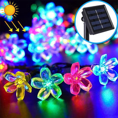 Cadena de lámparas solares con forma de flor de durazno, 50 LED, para exteriores, jardín, impermeables, para decoración navideña y de festivales de primavera