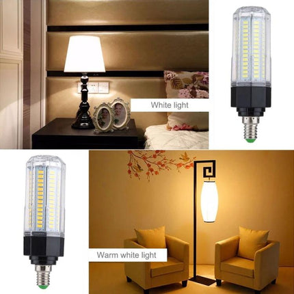 LED Bulb for Everyday Home and Office Lighting Needs - compact LED corn bulb showing warm and white light in bedroom and living room