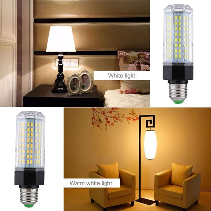 Versatile Energy-Saving Bulb for Everyday Home Lighting shown in bedroom and living room with white and warm white light options