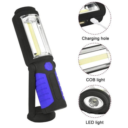USB Charging Emergency Work Light With Magnetic Base showing COB strip, LED spotlight, micro USB charging port, swivel hook and magnetic base