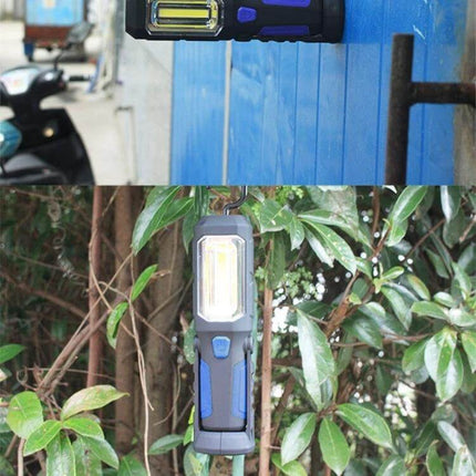USB Charging Emergency Work Light With Magnetic Base hanging from hook and attached to metal surface, portable USB rechargeable work light for camping and auto repair