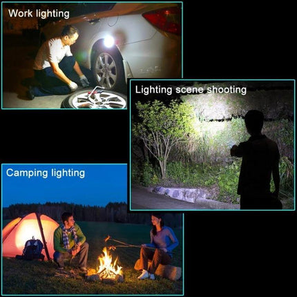 USB Charging Emergency Work Light With Magnetic Base showing mechanic, camper, and nighttime scene with 360° swivel hook and magnetic hands-free illumination