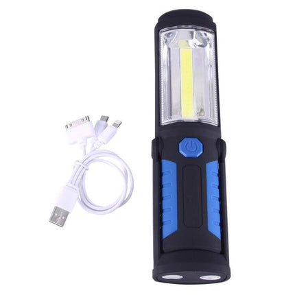 USB Charging Emergency Work Light With Magnetic Base shown with USB charging cable, 360° swivel hook, rugged LED work light for roadside and camping