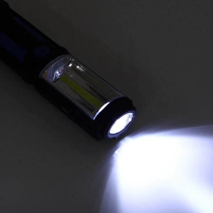 USB Charging Emergency Work Light With Magnetic Base shown illuminated, USB charging port, magnetic base and 360° swivel hook for hands-free use