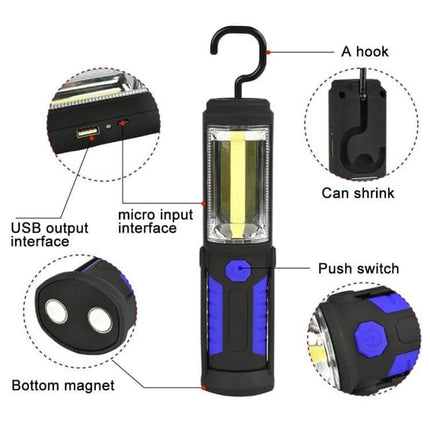 USB Charging Emergency Work Light With Magnetic Base showing USB output, micro input, bottom magnet, 360° hook, and push switch for hands-free use
