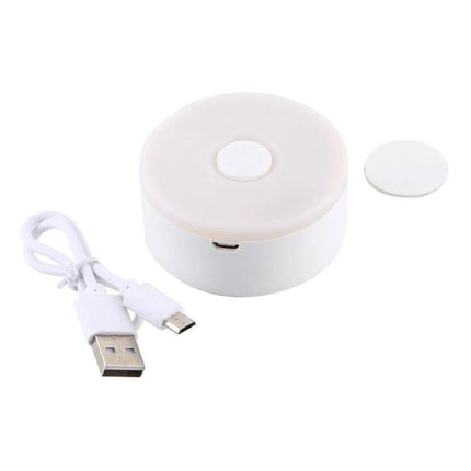 Compact USB Rechargeable Night Light for Home and Travel - small round white portable LED lamp with USB cable for reading, bedside, and camping