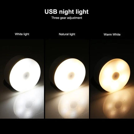 Compact USB Rechargeable Night Light for Home and Travel showing three light settings (white, natural, warm) for bedside, camping, and travel use