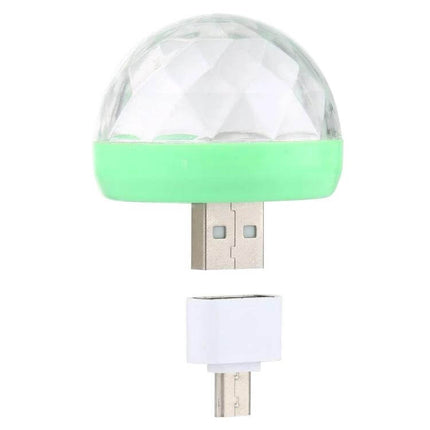 RGB USB LED Crystal Ball Stage Light For Parties And Clubs - compact USB plug‑in RGB disco light with clear crystal dome and green base
