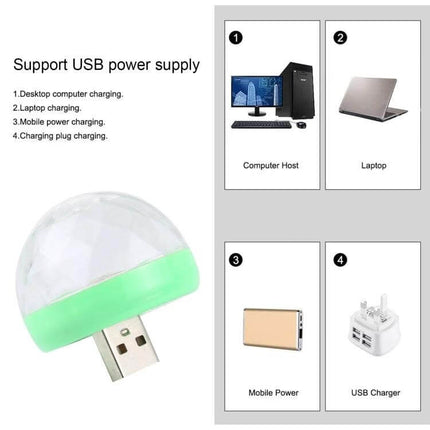 RGB USB LED Crystal Ball Stage Light For Parties And Clubs plugged into USB showing computer, laptop, mobile power and USB charger options