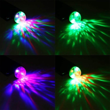 RGB USB LED Crystal Ball Stage Light For Parties And Clubs projecting multicolor music‑sync beams from clear crystal lampshade