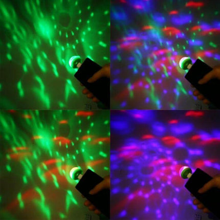 RGB USB LED Crystal Ball Stage Light For Parties And Clubs projecting multicolor music-synced patterns on walls with handheld remote