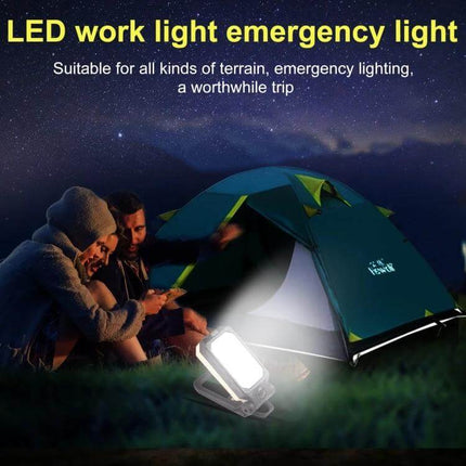 LED Work Light With Magnetic Base For Garage And Home shown illuminating a tent and camping scene with magnetic base and hook for hands-free use
