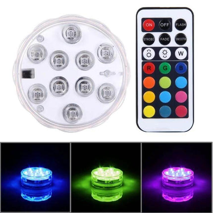 10 LED Cylinder Submersible Lights for Decor with Remote displayed with remote and examples of blue green and purple light effects