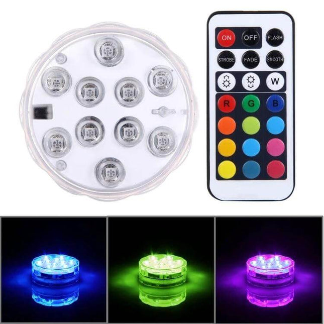 10 LED Cylinder Submersible Lights for Decor with Remote displayed with remote and examples of blue green and purple light effects