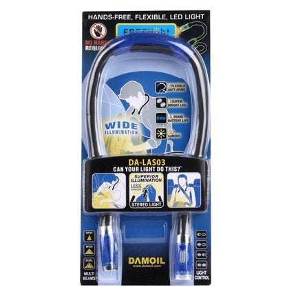 Hands-Free Neck Light for Daily Tasks and Adventures worn around neck with flexible LED arms and wide illumination in retail packaging