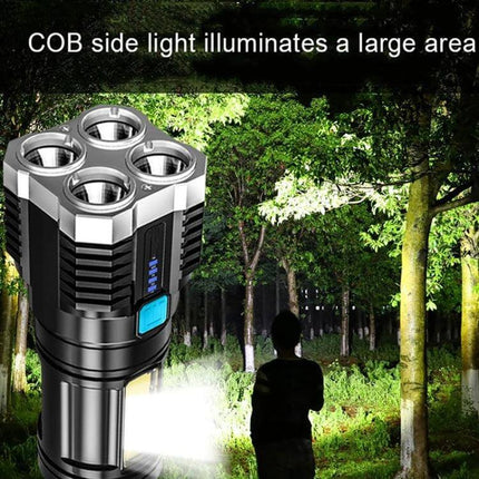 USB Rechargeable LED Flashlight For Outdoors And Home Use showing dual SMD 3030 and COB beam illuminating a forest at night for camping and emergencies