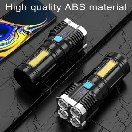 USB Rechargeable LED Flashlight For Outdoors And Home Use shown as compact dual-LED ABS-bodied torch with COB side panels and triple front LEDs