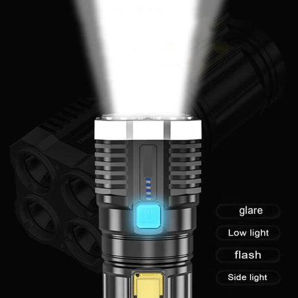 USB Rechargeable LED Flashlight For Outdoors And Home Use — compact dual LED (SMD3030+COB) with USB charging, focused spot and wide-area beam for camping and emergencies