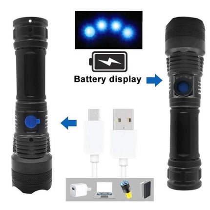 USB Rechargeable Spotlight Mini LED Flashlight For Outdoor Use showing compact black torch, USB charging cable, battery display and blue LED indicators