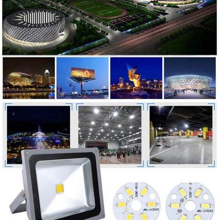 LED Light Module, 32mm Diameter, For DIY Lighting Projects - compact aluminum 9–11V module shown with LED board and floodlight for under-cabinet, display, hobby use