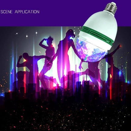 Led Full Color Auto Rotating Lamp For Parties At Home showing RGB rotating party bulb over silhouetted dancers and colorful nightclub lights