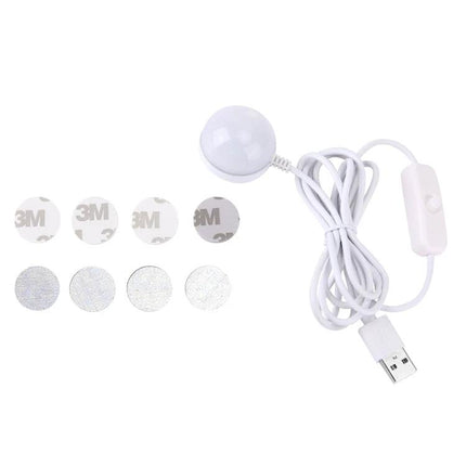 Compact USB Light for Travel and Daily Illumination Needs - white USB puck light with magnetic base, 3M adhesive pads and inline switch
