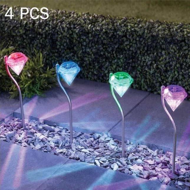 Outdoor Garden Landscape Path Decorative Diamond Lights, Multicolor stainless steel path markers casting multicolor glow along walkway