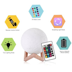 Colorful Dimming LED Moon Light with Remote & Wooden Stand - USB Charging Night Lamp