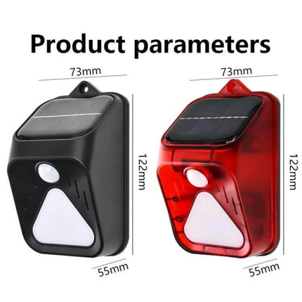Solar Burglar Alarm Light With Motion Sensor For Outdoor Use - black and red solar-powered wall alarm with motion sensor, dimensions 122x73x55mm