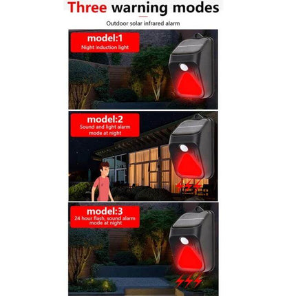 Solar Burglar Alarm Light With Motion Sensor For Outdoor Use showing three warning modes (night induction, sound+light alarm, 24h flash)