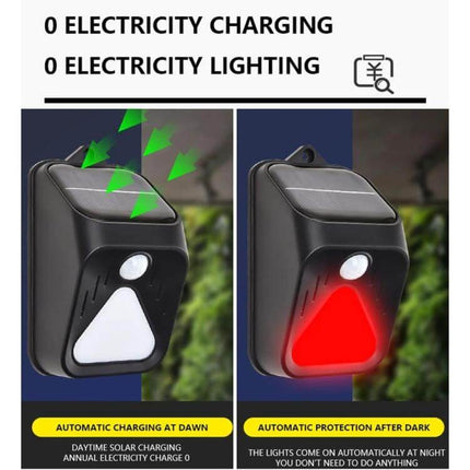 Solar Burglar Alarm Light With Motion Sensor For Outdoor Use showing solar panel charging by day and red alarm light activated at night