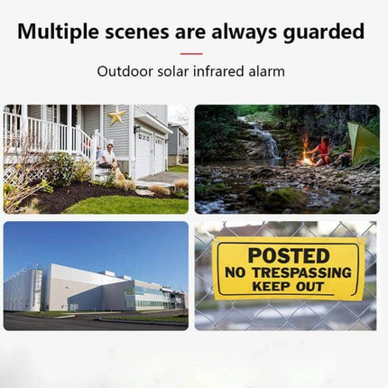 Solar Burglar Alarm Light With Motion Sensor For Outdoor Use installed at home entrance, campsite, factory perimeter and no-trespassing fence