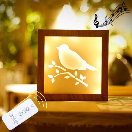 A Creative Night Light for Home Decoration and Bedtime - wooden frame bird projection with remote, soft warm glow and calming nature sounds