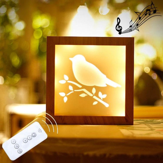 A Creative Night Light for Home Decoration and Bedtime - wooden frame bird projection with remote, soft warm glow and calming nature sounds