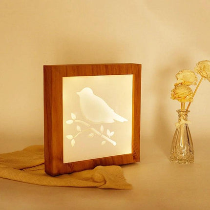 A Creative Night Light for Home Decoration and Bedtime - wooden frame bird optical illusion lamp projecting warm soothing light