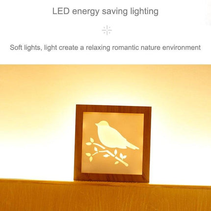 A Creative Night Light for Home Decoration and Bedtime - wooden frame night light projecting bird silhouette and warm relaxing glow