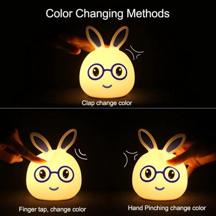 Charming Rabbit Inspired Lamp for Daily Evening Routines showing color-changing clap, tap, and pinch controls on a cute rabbit night light