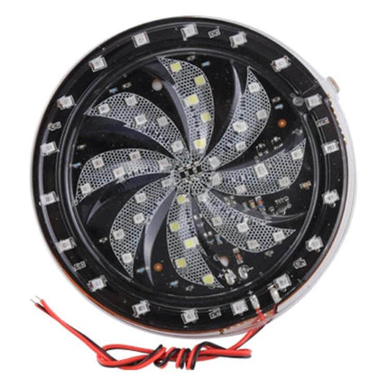 Styling RGB Flashing Light for Motorcycle Wheels, 10cm Diameter mounted wheel LED disc showing RGB LEDs and wiring for nighttime visibility