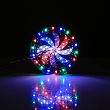Styling RGB Flashing Light for Motorcycle Wheels, 10cm Diameter – colorful LED wheel light showing multicolor spinning pattern for visibility and style