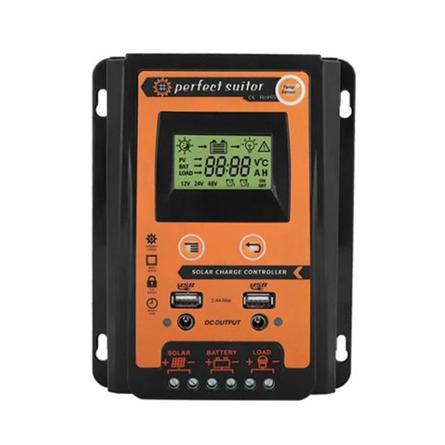 Portable Solar Charge Controller for Everyday Energy Management - orange/black MPPT regulator with LCD, USB ports, and battery/load terminals for RVs and off-grid use