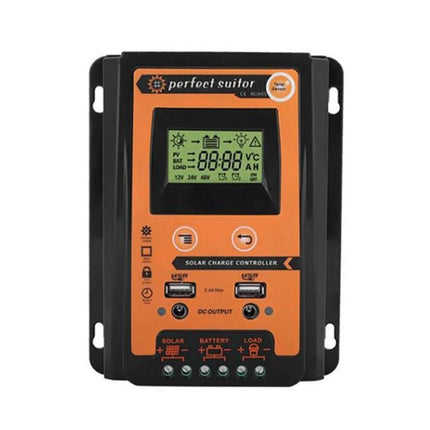 Portable Solar Charge Controller for Everyday Energy Management - orange black MPPT-style controller with LCD, USB ports, and terminals for solar, battery, load