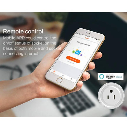 WiFi-Enabled Smart Plug for Remote Device Control and Scheduling showing smartphone app controlling a plug with scheduling and Alexa compatibility