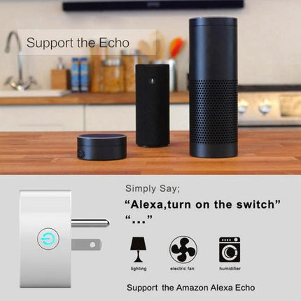 WiFi-Enabled Smart Plug for Remote Device Control and Scheduling on kitchen counter with Amazon Echo voice control