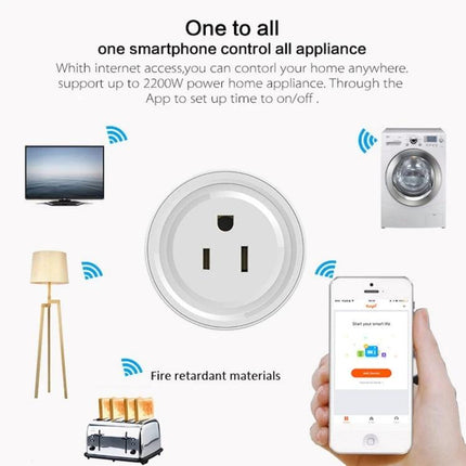 WiFi-Enabled Smart Plug for Remote Device Control and Scheduling showing plug, smartphone app and controlled appliances