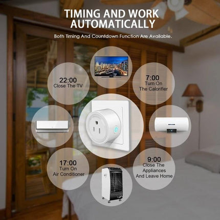 WiFi-Enabled Smart Plug for Remote Device Control and Scheduling showing plug in wall with scheduled timers for TV, air conditioner, heater and appliances