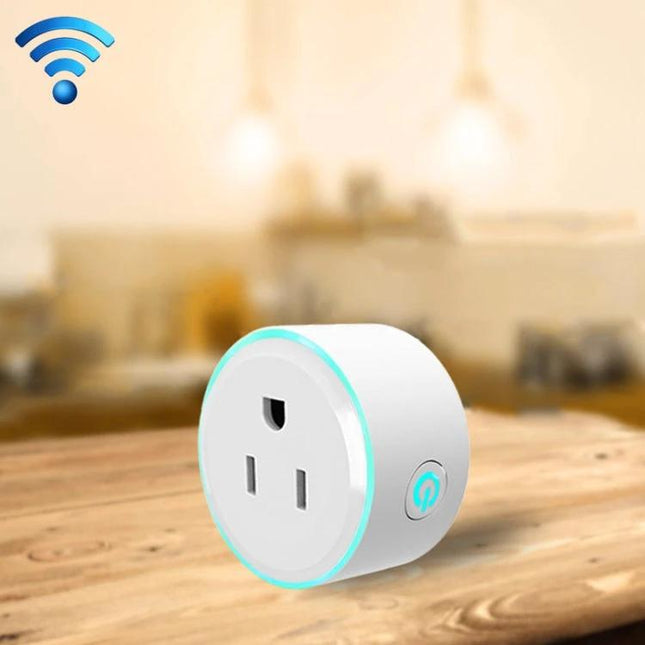 WiFi Smart Socket for App-Controlled Device Scheduling white smart plug on wooden table with app control and WiFi icon