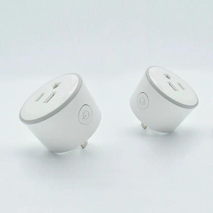 White compact WiFi Smart Socket for App-Controlled Device Scheduling shown as two plug-in smart outlets
