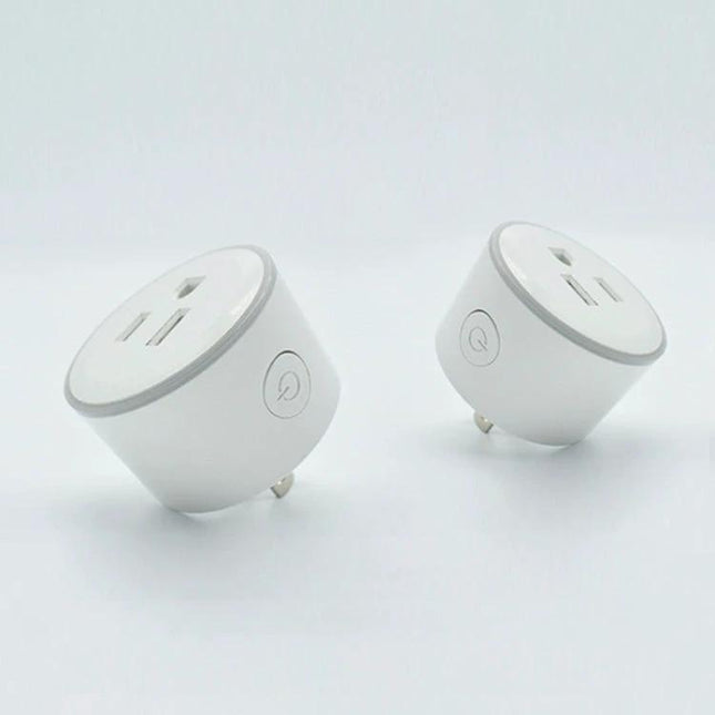 White compact WiFi Smart Socket for App-Controlled Device Scheduling shown as two plug-in smart outlets
