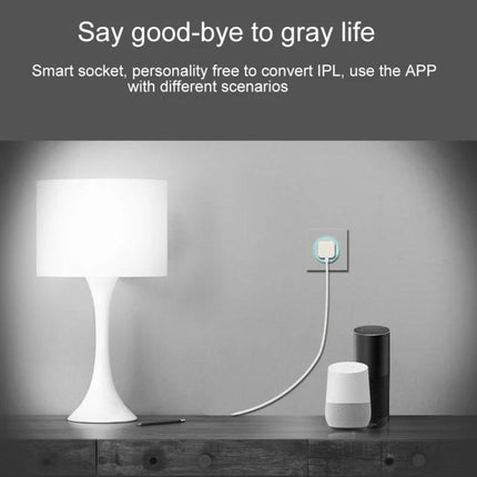 WiFi Smart Socket for App-Controlled Device Scheduling showing lamp plugged in, scheduled and voice assistant compatible