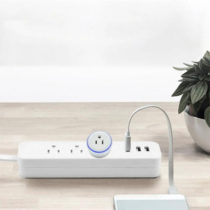 WiFi Smart Socket for App-Controlled Device Scheduling plugged into power strip showing app-controlled scheduling and remote device management